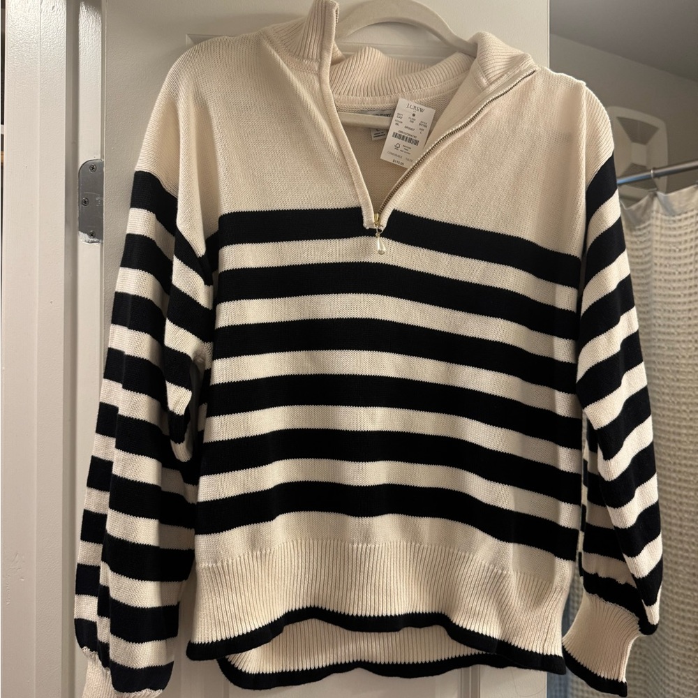 J. Crew Black and Cream Striped V-Neck Sweater